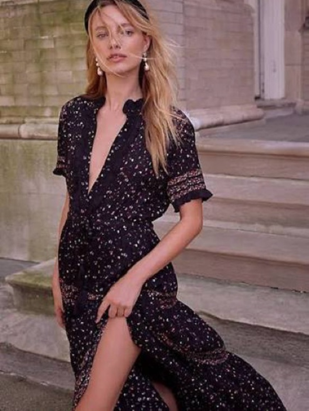 Free People Rare Feeling Maxi Dress Tiered Printed in Black Size XS